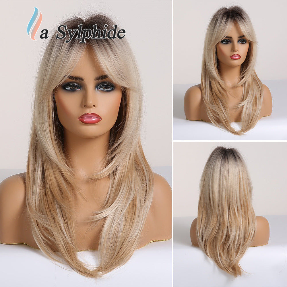 Bangs Mid-length Texture Hair Intellectual Female Mechanism Golden Synthetic Wigs Long Straight Wig