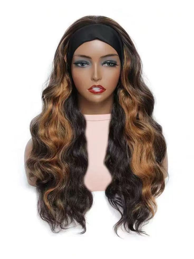 Women's Black Hair Band Curly Brown Mixed Wig Long Curls