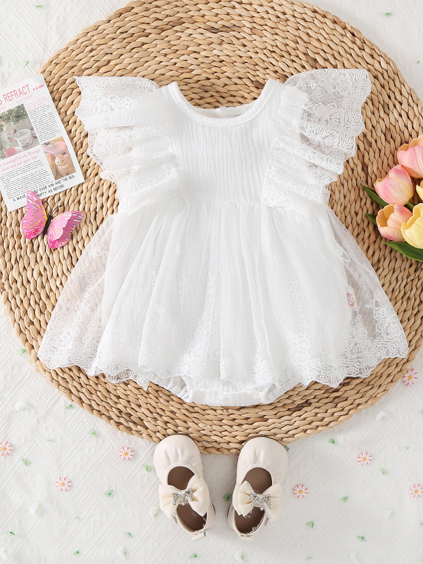 Lace Flounced Sleeve One-piece Romper Born Princess Jumpsuit, Climbing Suit