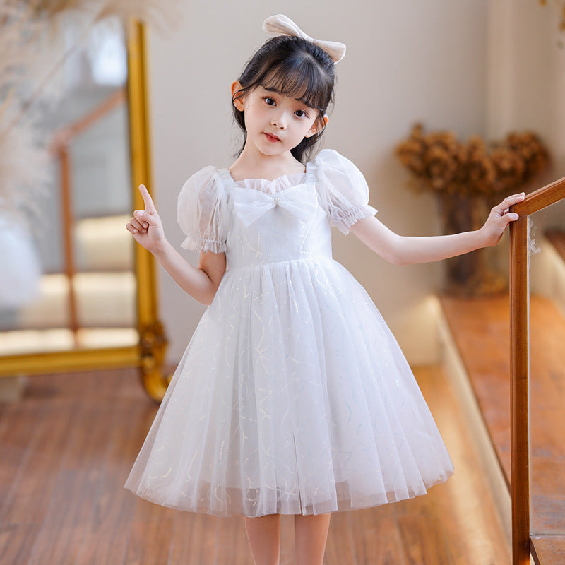 Children's Summer Puff Short Sleeve Bow Princess White Sequin Embroidery Day Children's Dress