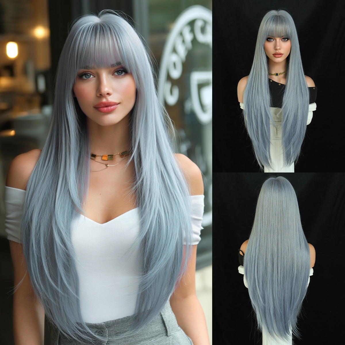 Black Full Top Bangs High Quality Chemical Long Straight Wig