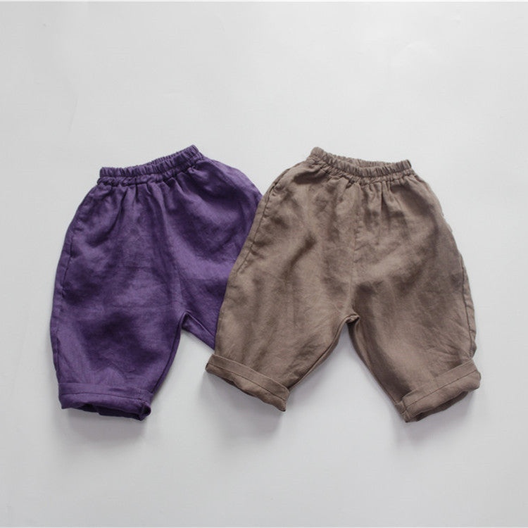 Children's Boy's Cropped Trousers Linen Solid Color Loose Korean Style Versatile Children's Pants
