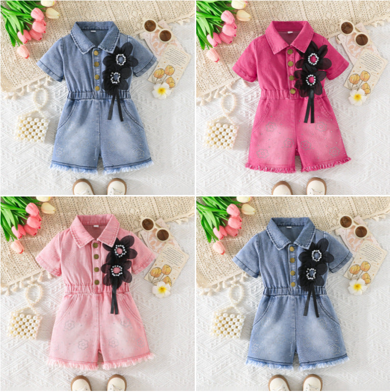 Lapel Waist Tight Pearl Flower Decoration Jumpsuit, Climbing Suit
