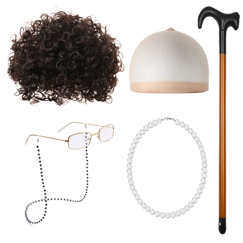 School Day Old Grandma Grandpa Crutches Lady Cos Wig