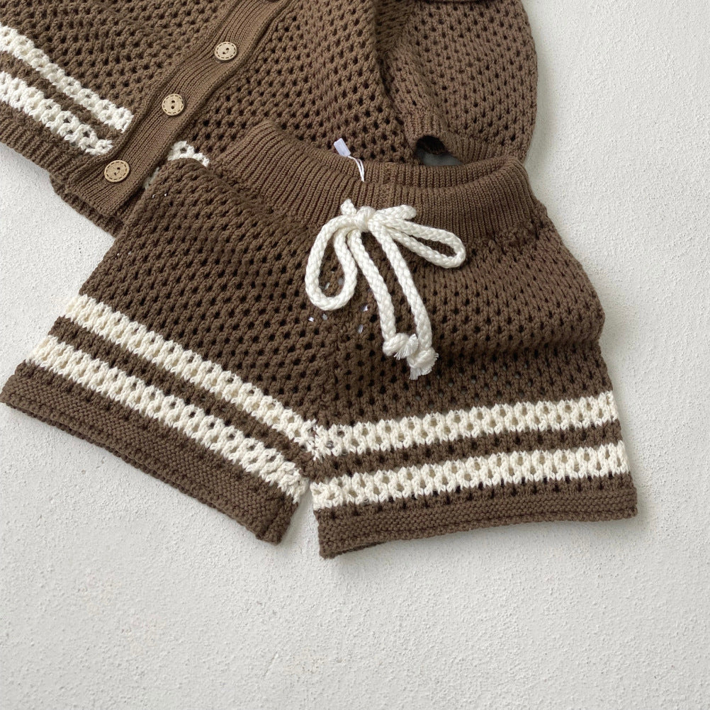 Summer Hollow Lapel Knitted Crocheted Sweater Cardigan Shorts Children's Suit