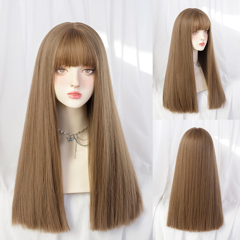 Women's Hair Head Cover Natural Black Bangs Long Straight Wig