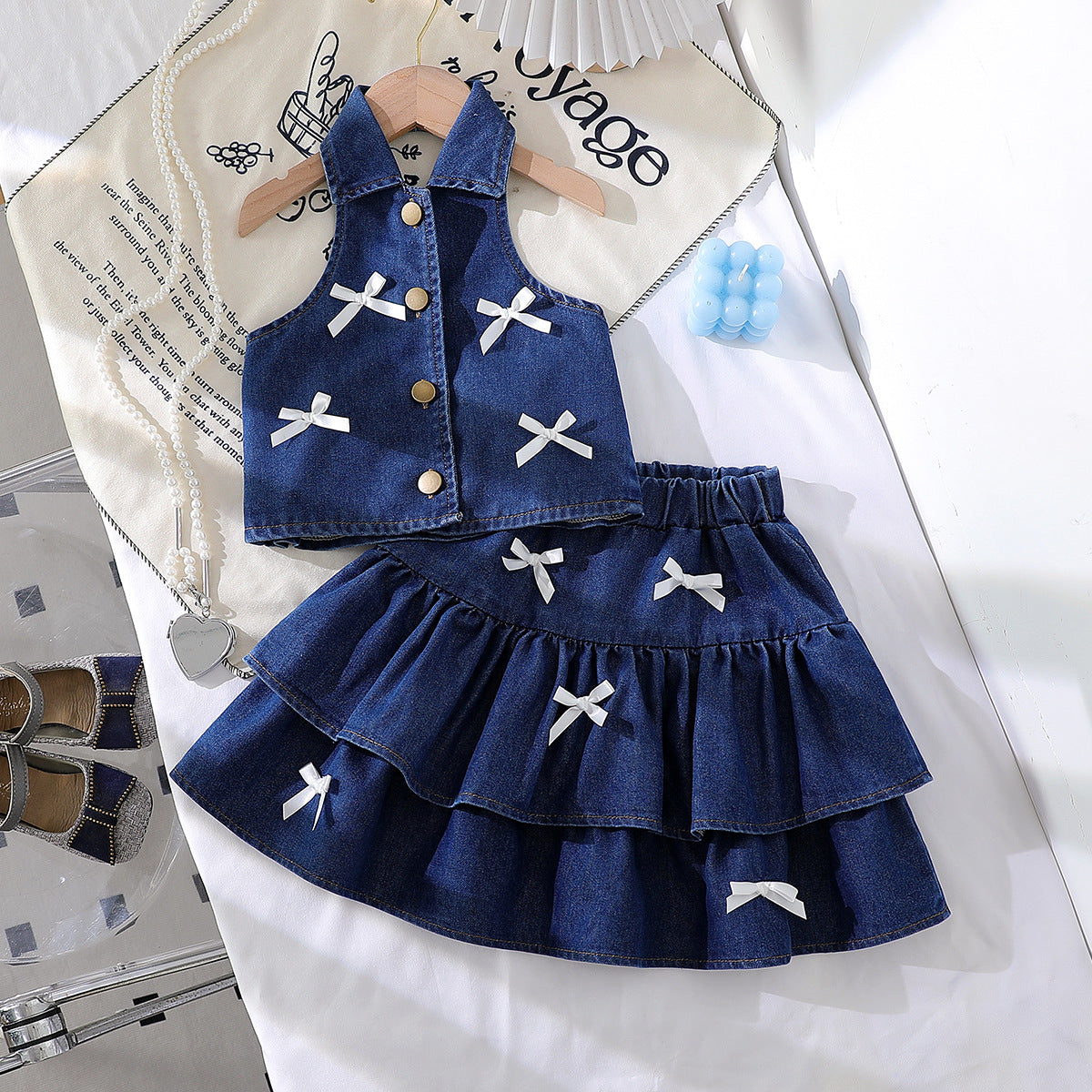 Fashionable Halter Lapel Denim Vest Skirt Children's Suit