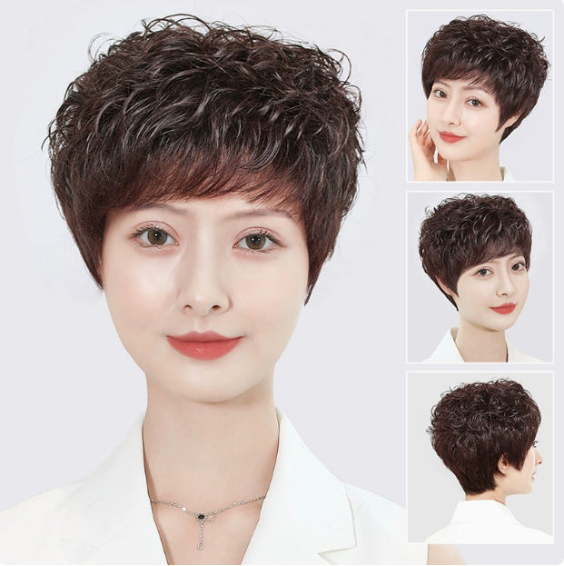 Real Human Mother Lady Set Natural Wig Short Curly Hair