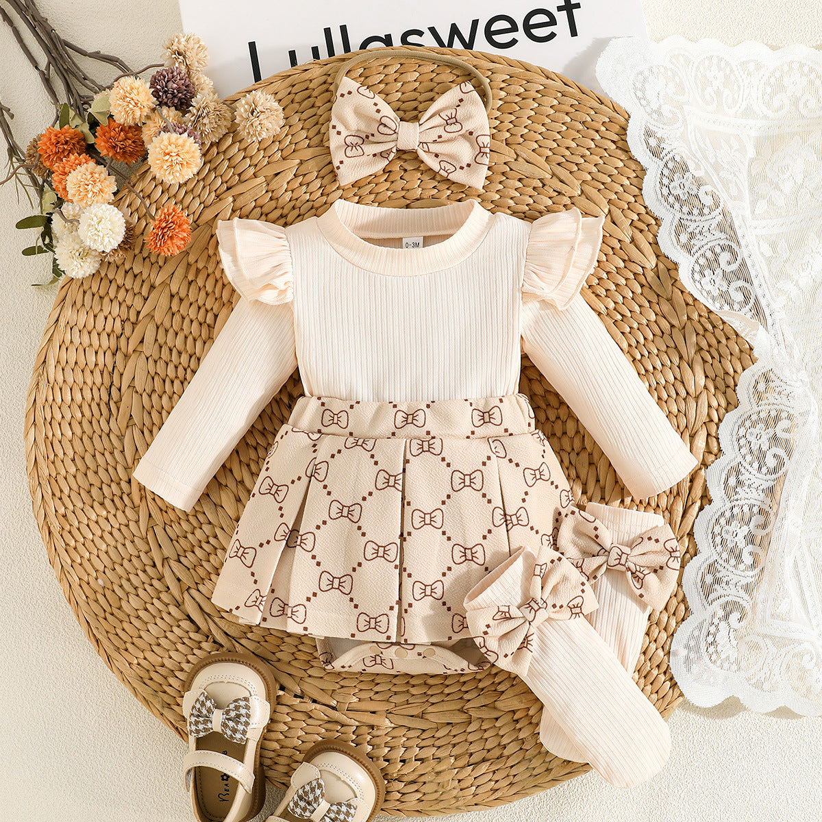 Preppy Style Lace Bow Skirt Sleeveless Dress Two-piece Jumpsuit, Climbing Suit