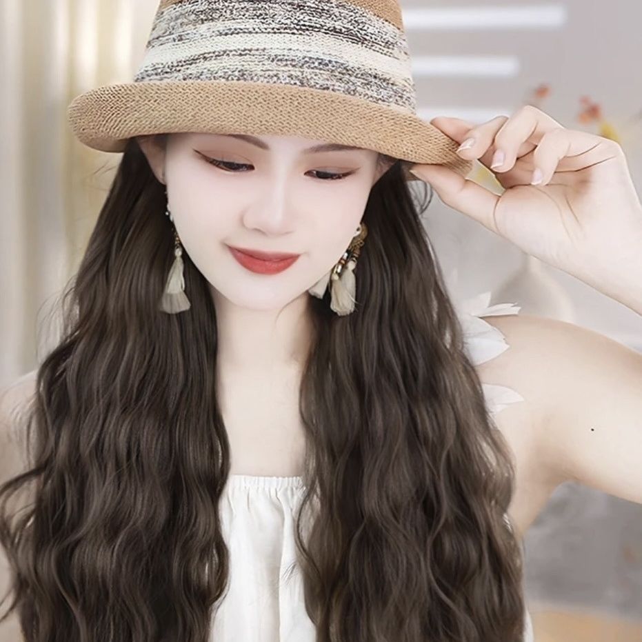 Temperament Female French Style Brim Hat One Curly Hair Wig Long Curls