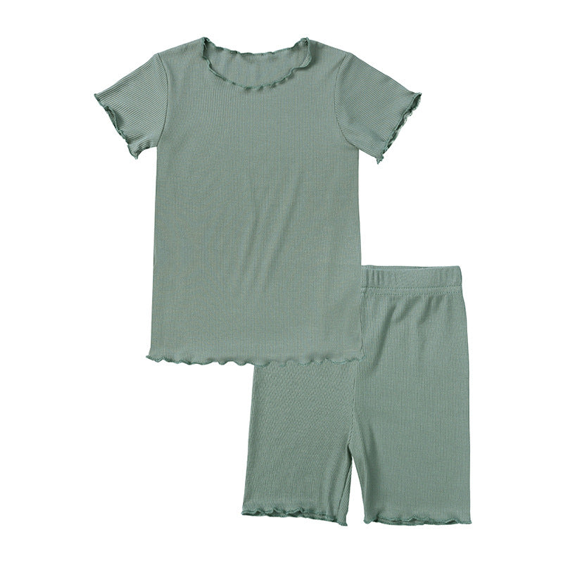 Children's Style Sunken Stripe Wooden Ear Shorts Set Candy Children's Suit