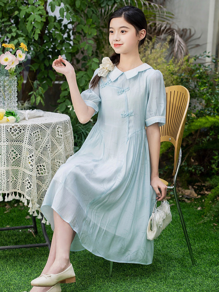 Short-sleeved Summer Cheongsam Blue Chinese Style Traditional Children's Dress