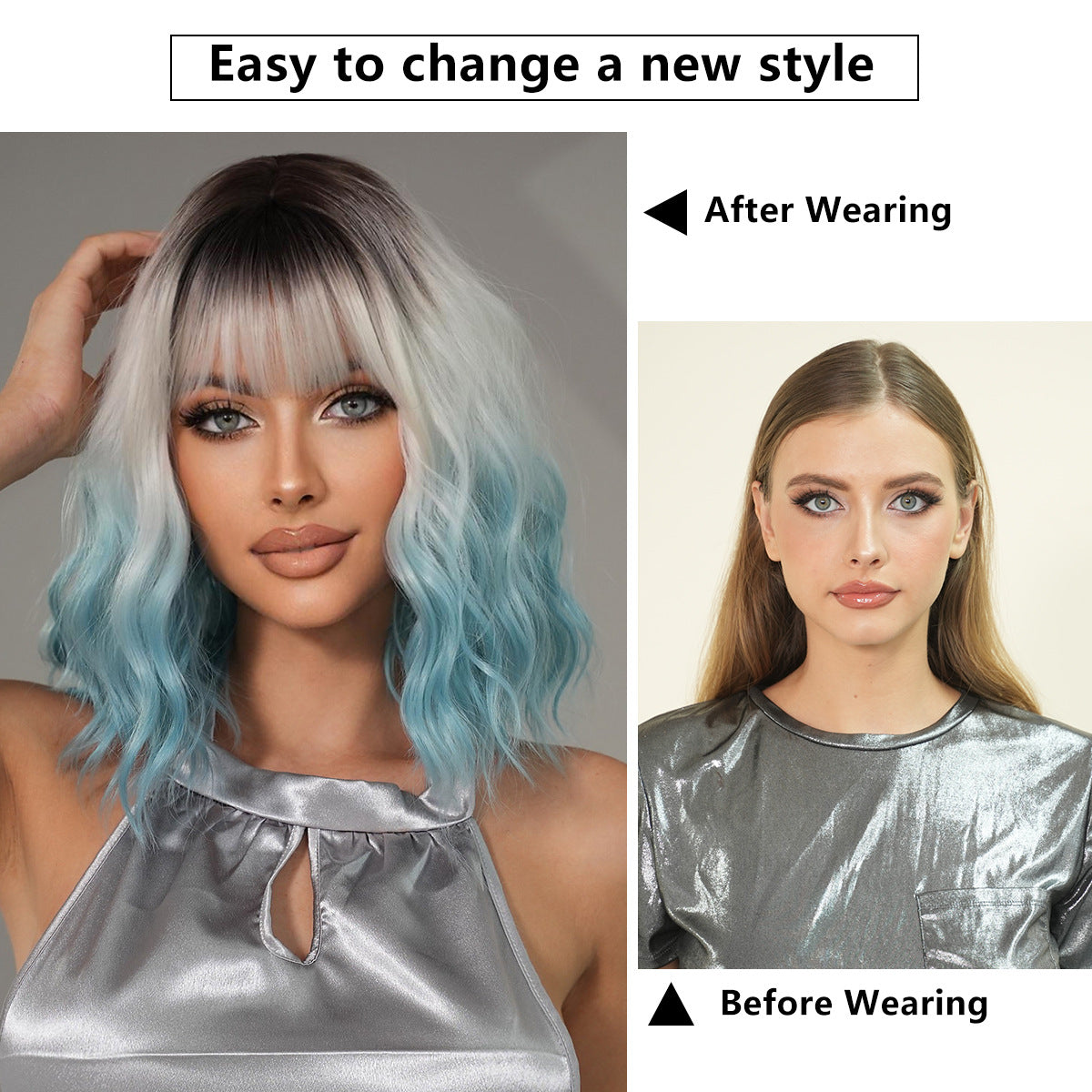 Gradient Blue Female Straight Bangs Water Ripple Head Chemical Wig Short Curly Hair