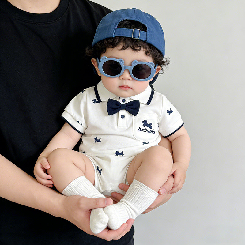 Lapel Gentleman Short Sleeve Rompers Summer Dog Print First Month Jumpsuit, Climbing Suit