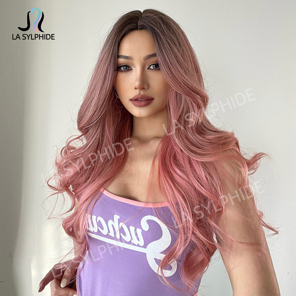 Women's Chemical Fiber Medium Curly Hair Pink Wig Long Curls