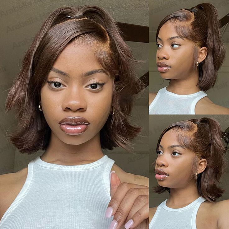 Fashion Brown Medium Real Head Cover Front Wig Short Straight Hair
