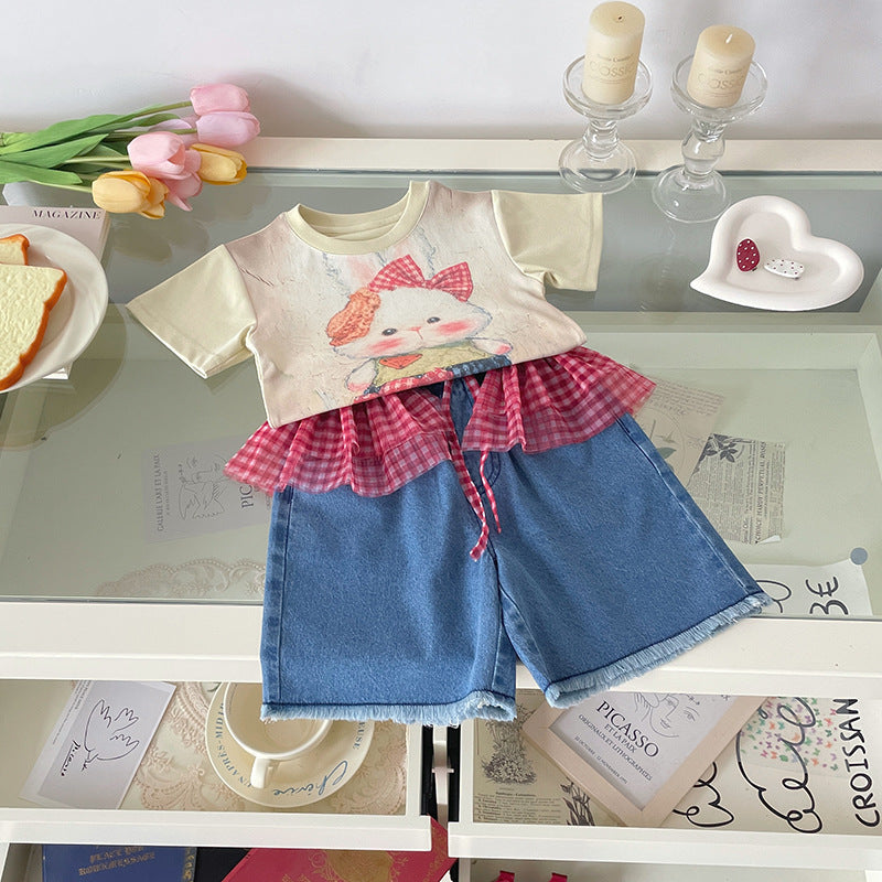 Children's Oil Painting Rabbit T-shirt Fart Curtain Children's Suit