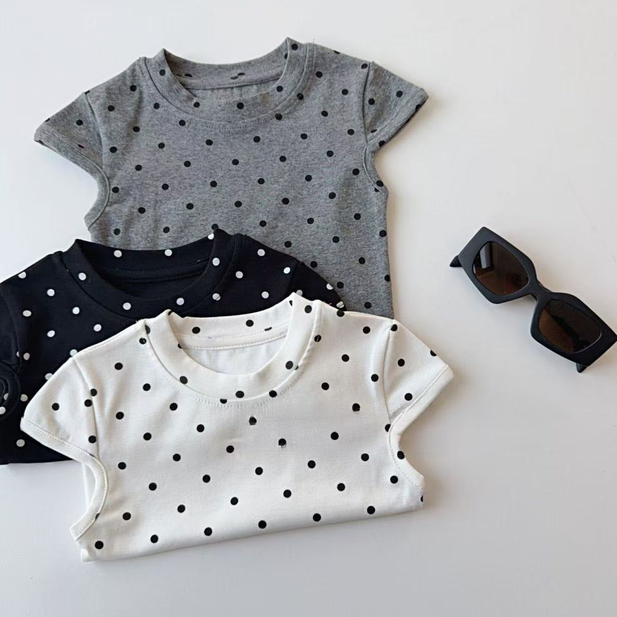 Dot Printed Short Sleeve Slim Round Neck Bottoming Shirt Top Children's T-shirt