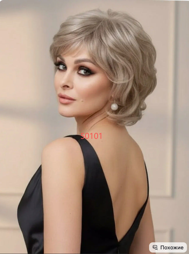 Women's Fashion Gray White Mixed Color Short Curly Hair Side Bangs Long Straight Wig