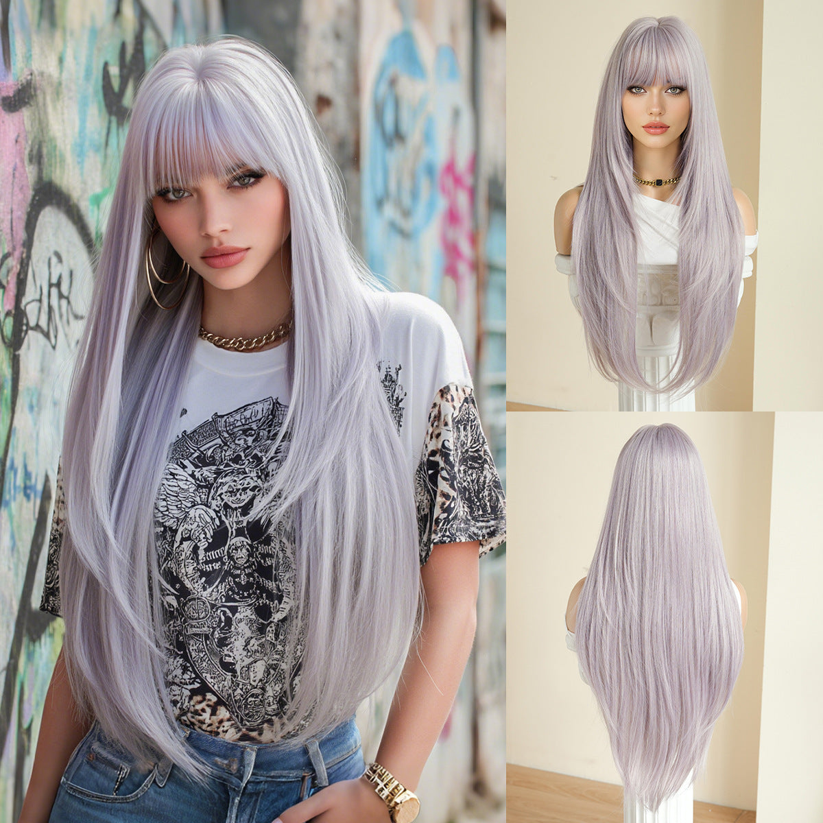Black Full Top Bangs High Quality Chemical Long Straight Wig