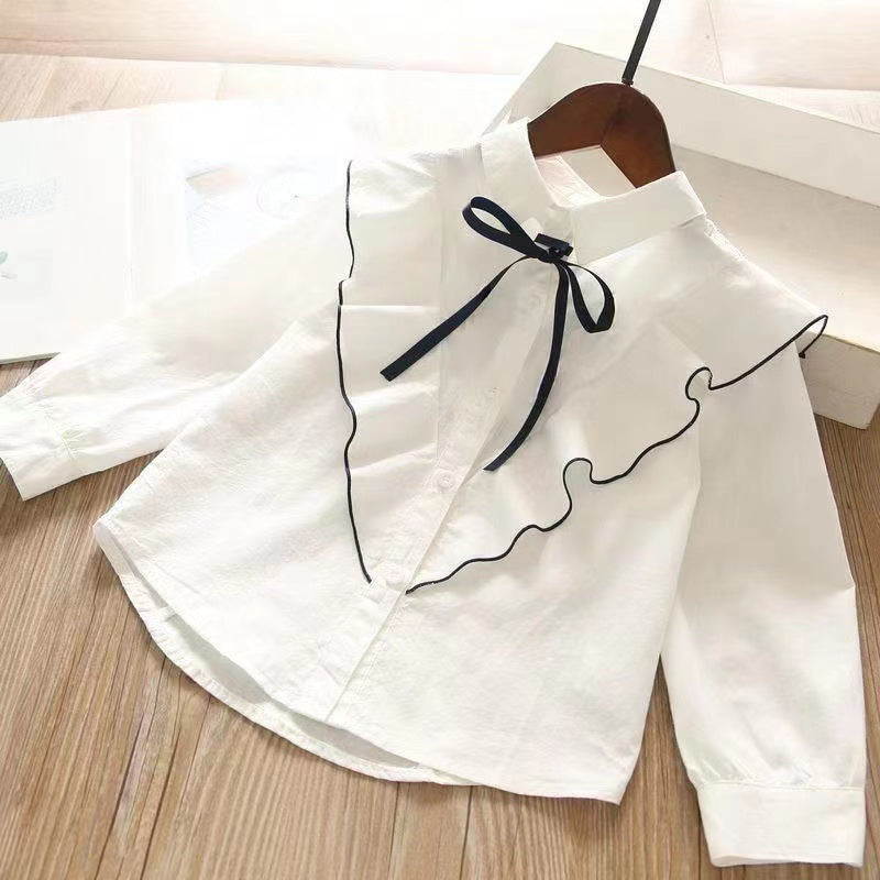 Children's Breathable Princess Long-sleeved Ruffled White With Children's Shirt