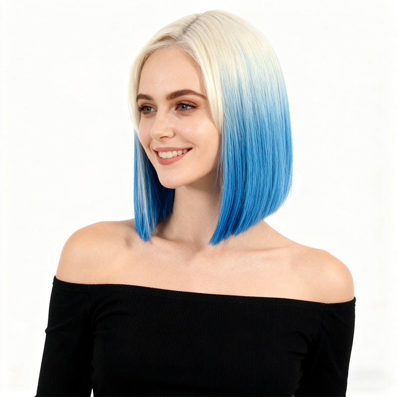 Women's Gradient Rainbow Color Full Top Collarbone Length Wig Short Straight Hair