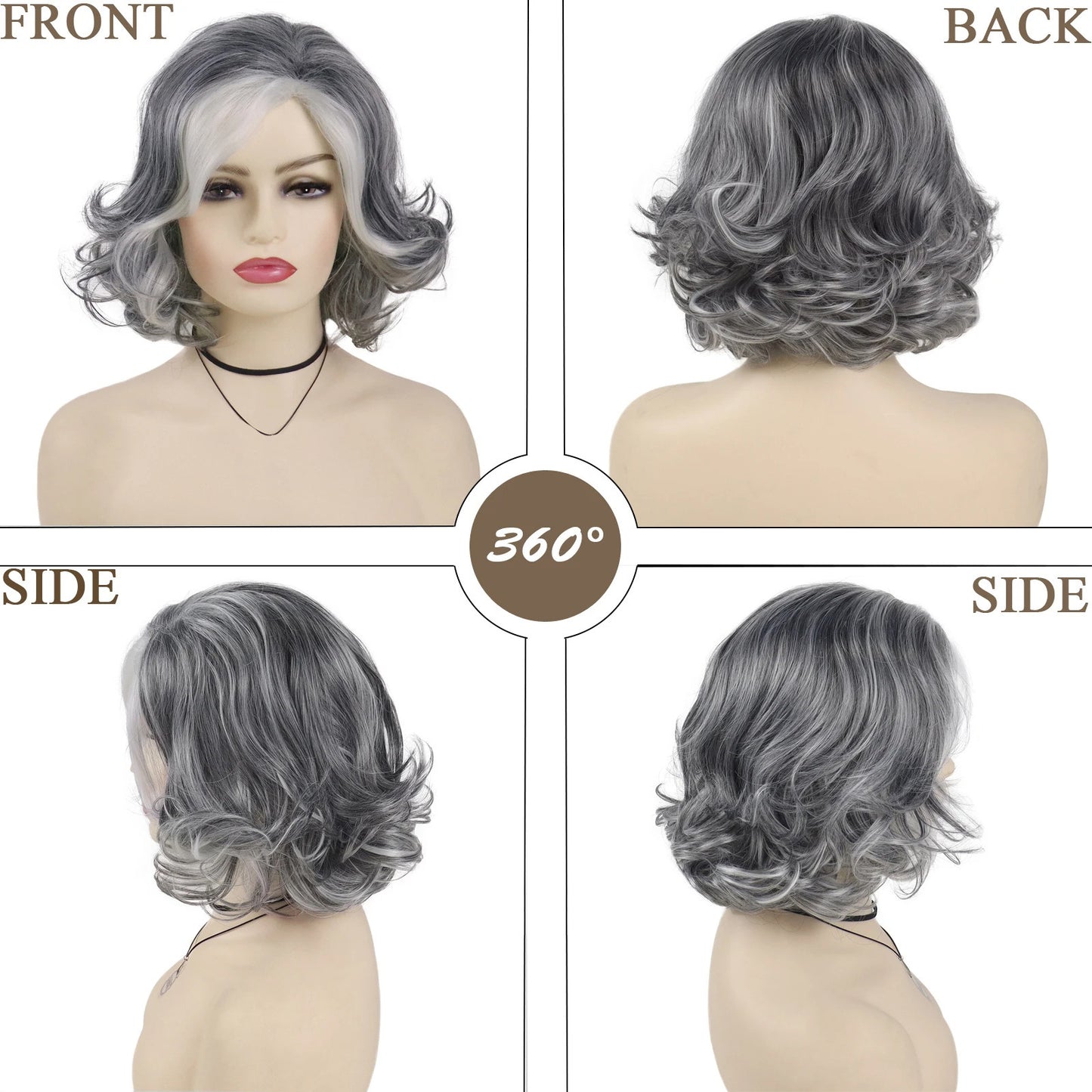 Head Cover Black Gray Mid-length Light Wig Short Curly Hair