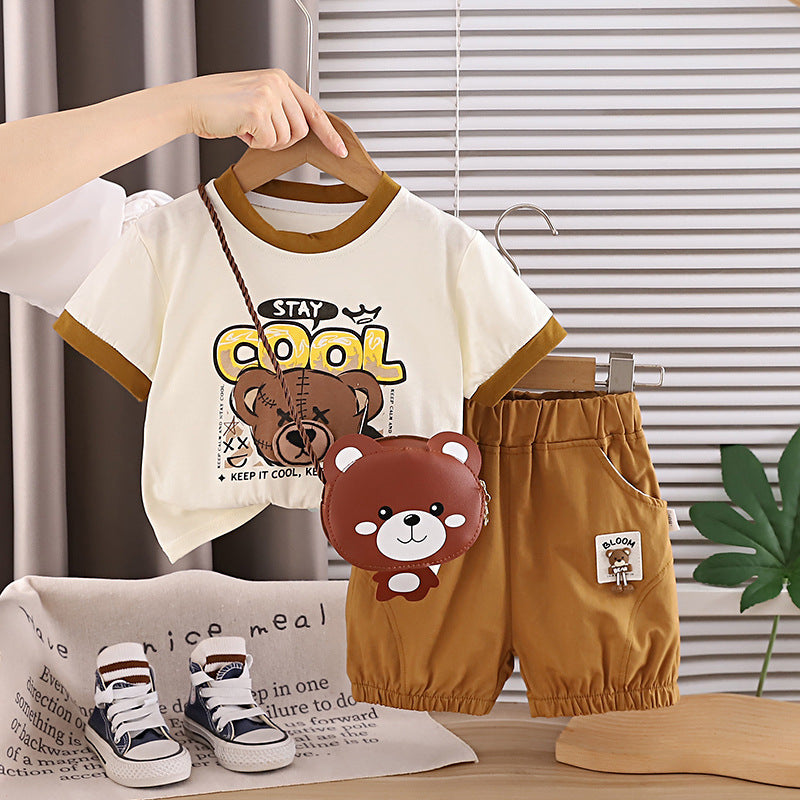 Children's Summer Short Sleeve Clothing Victory Bear Bag Round Neck Children's Suit