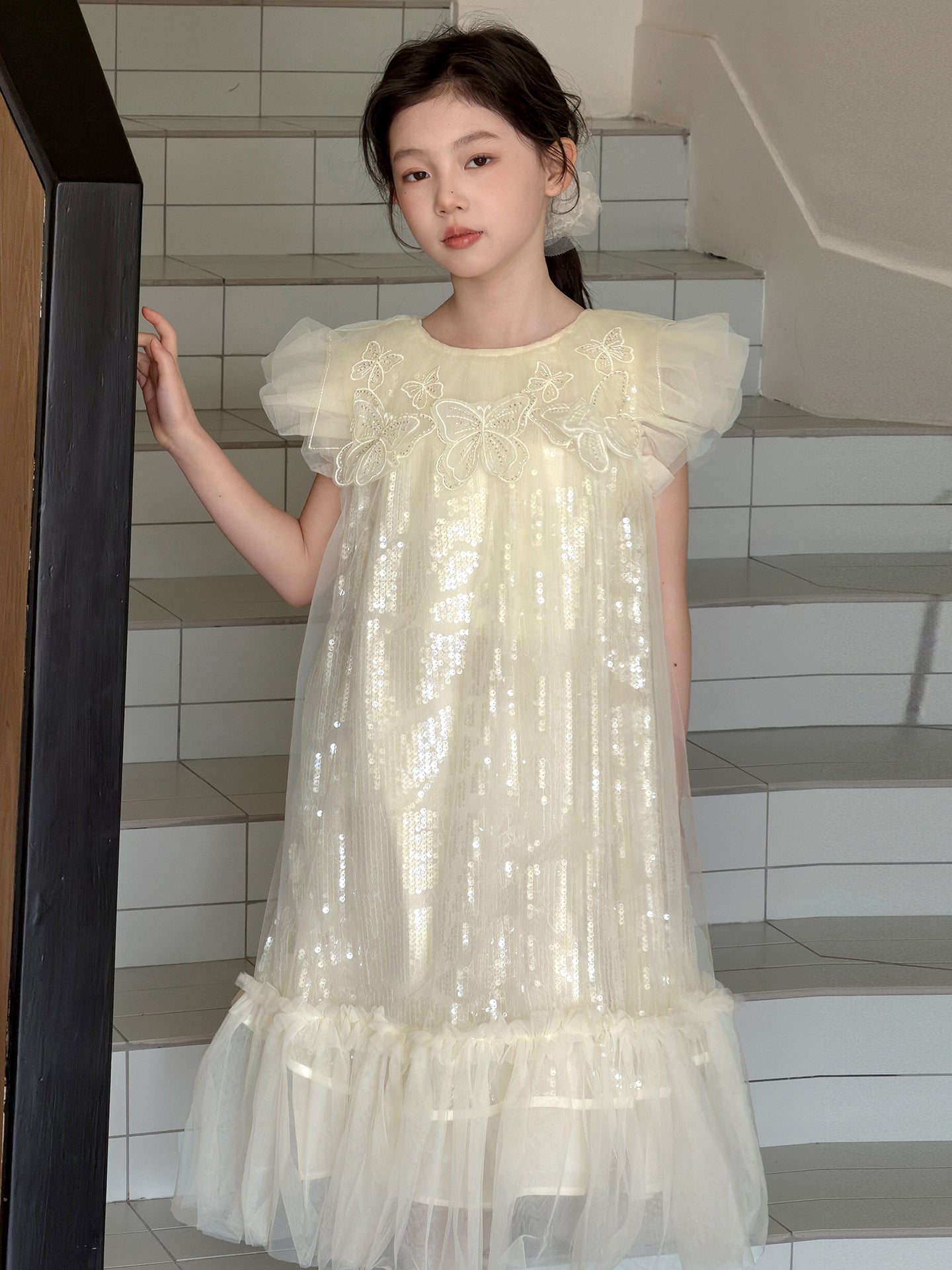 Embroidered Butterfly Sequined Princess Junior High School Mesh Children's Dress
