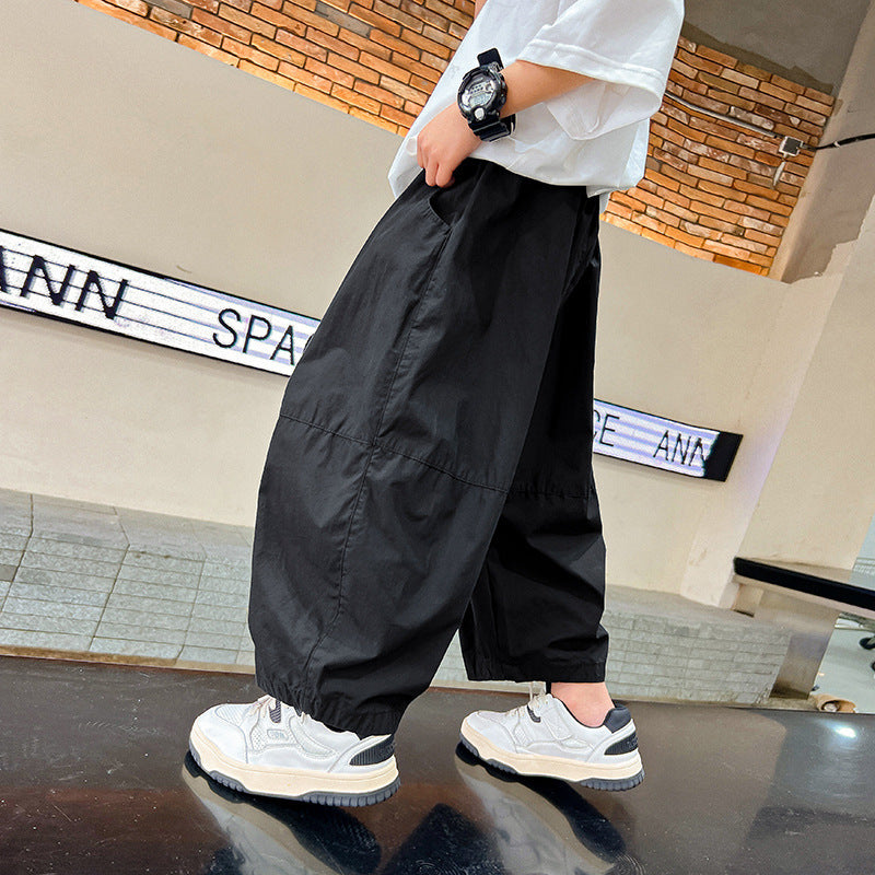 Older Boys Black Straight Lantern Overalls Summer Loose Children's Pants