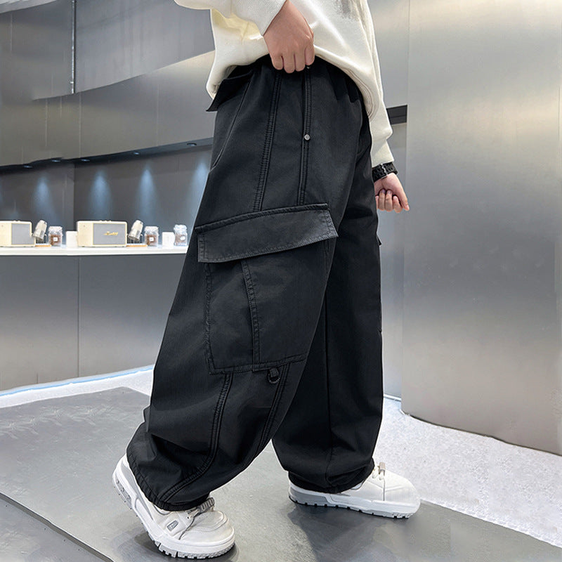 Children's Large Trousers Boyish Look Overalls Loose Straight Fashionable Pure Children's Pants