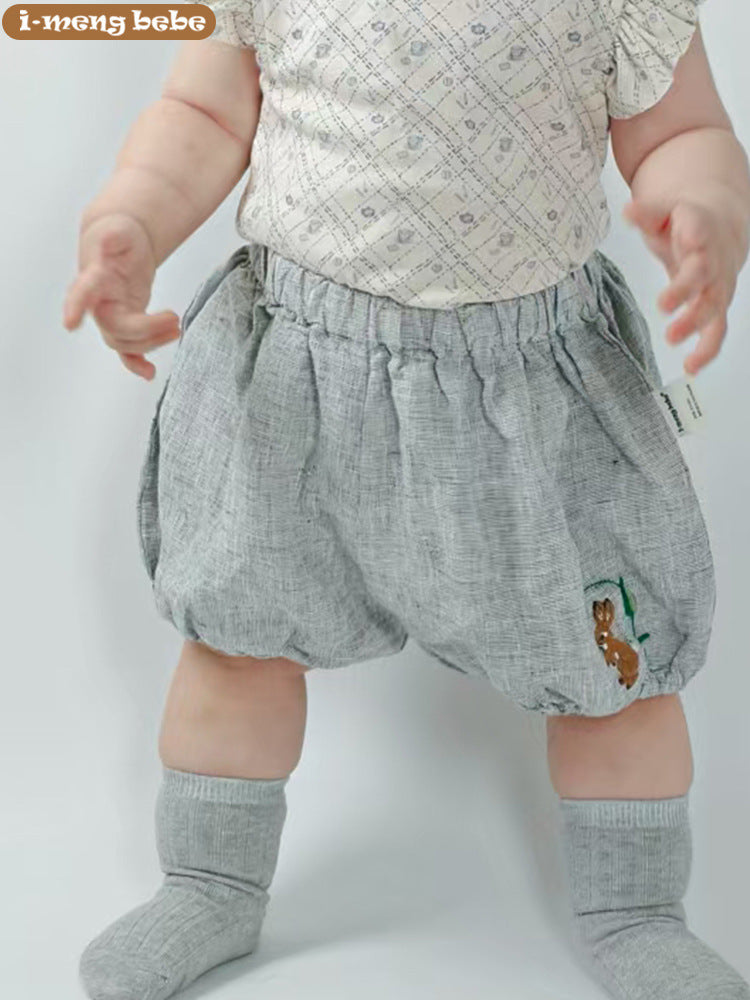 Children's Summer Pure Linen Shorts Embroidered Bloomers Thin Children's Pants