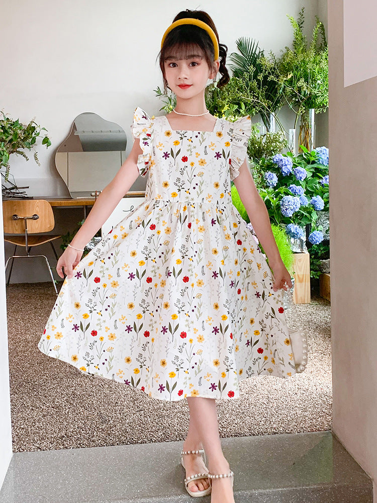 Floral Flounced Sleeve Korean Style Sweet Fresh Princess Pastoral Children's Dress