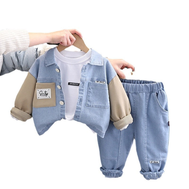 Spring Boys Stitching Letter Logo Denim Long Sleeve Three-piece Children's Suit
