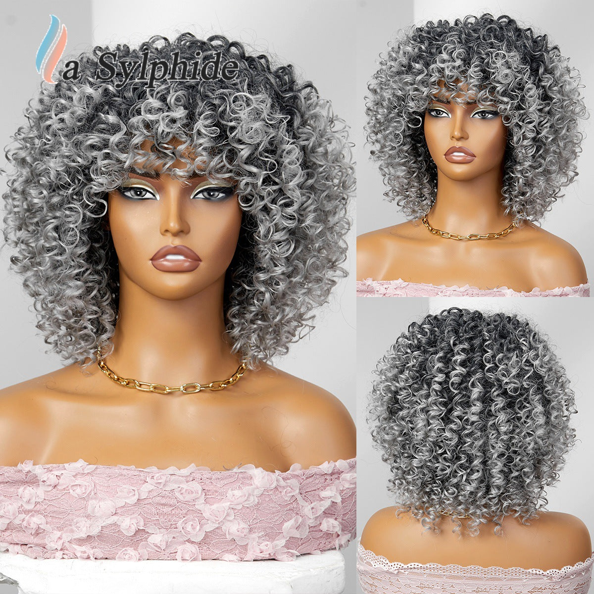 Bangs Orange Highlight Color Mixing Machine Wig Short Curly Hair