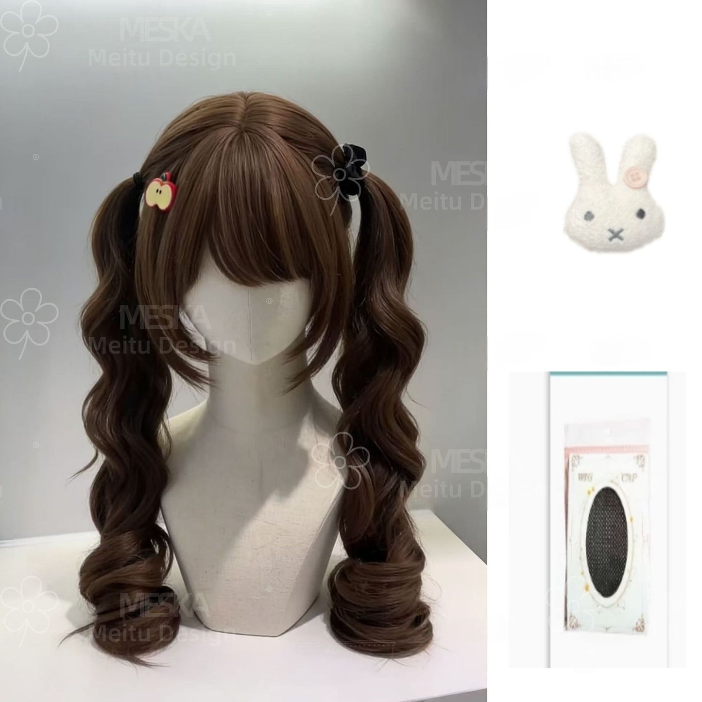 Tea Linen Little Rose Double Ponytail Curly Sweet Daily Style Wig Long Curls