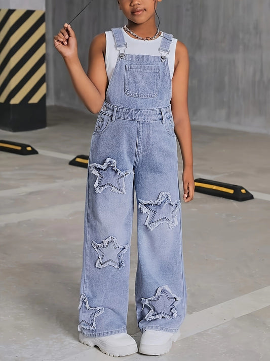 Green Girlish Five-pointed Star Decorative Denim Children's Pants