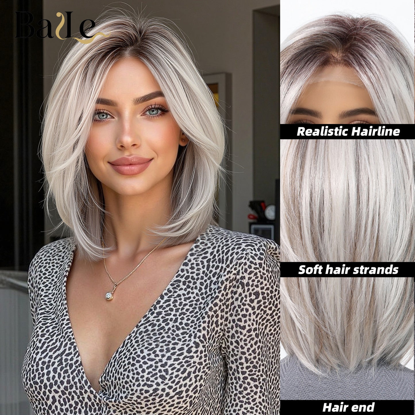 Lace Dark Brown Root Gradient Sier White Hand Wig Short Straight Hair