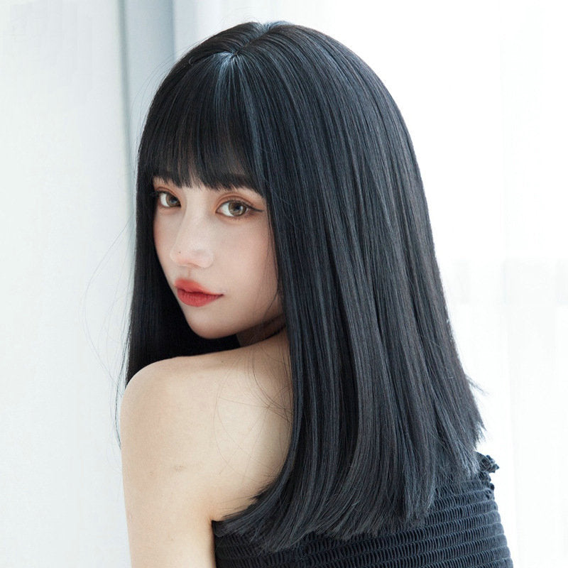 Women's Cartoon Bangs Natural Realistic Black Long Wig Short Straight Hair