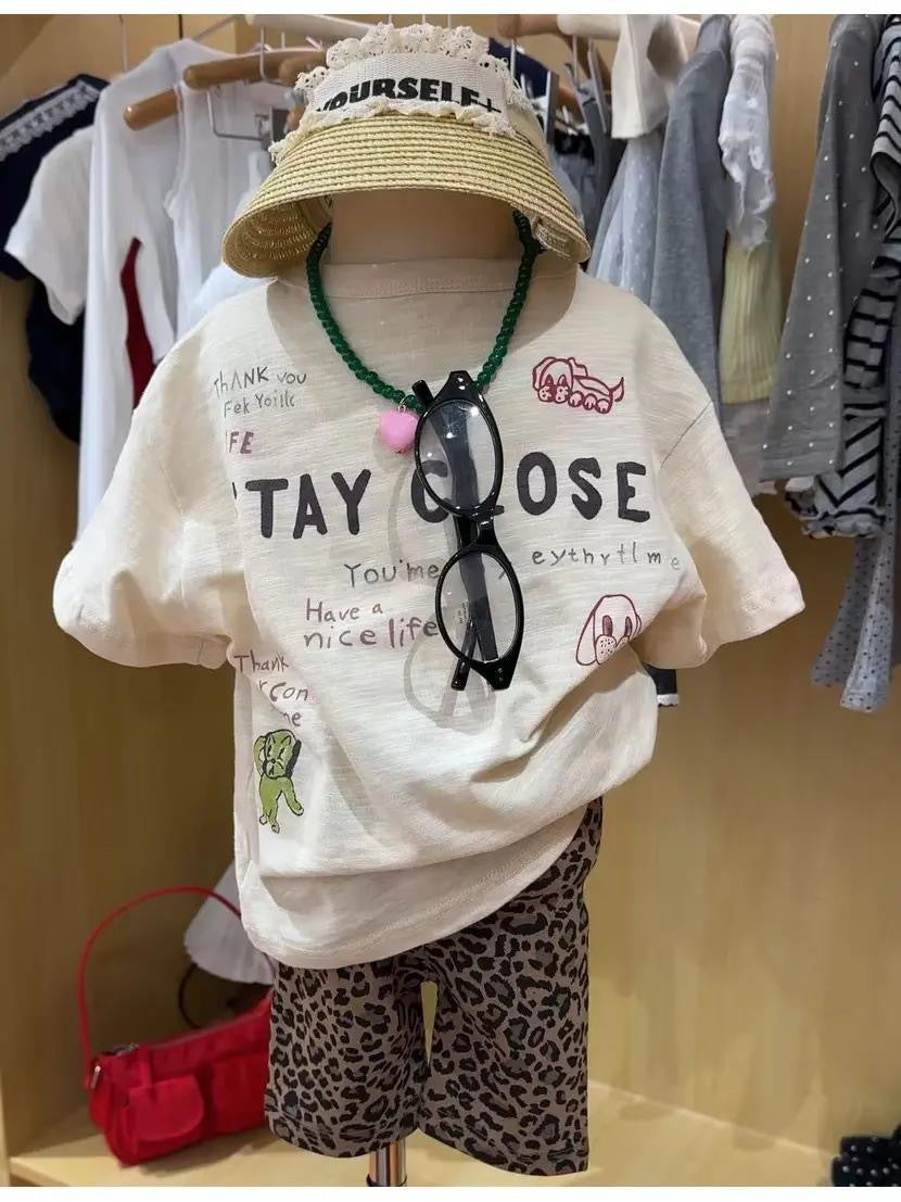 Children's Korean Style Niche Short Sleeved T-shirt Cartoon Sleeve Leopard Print Children's Suit