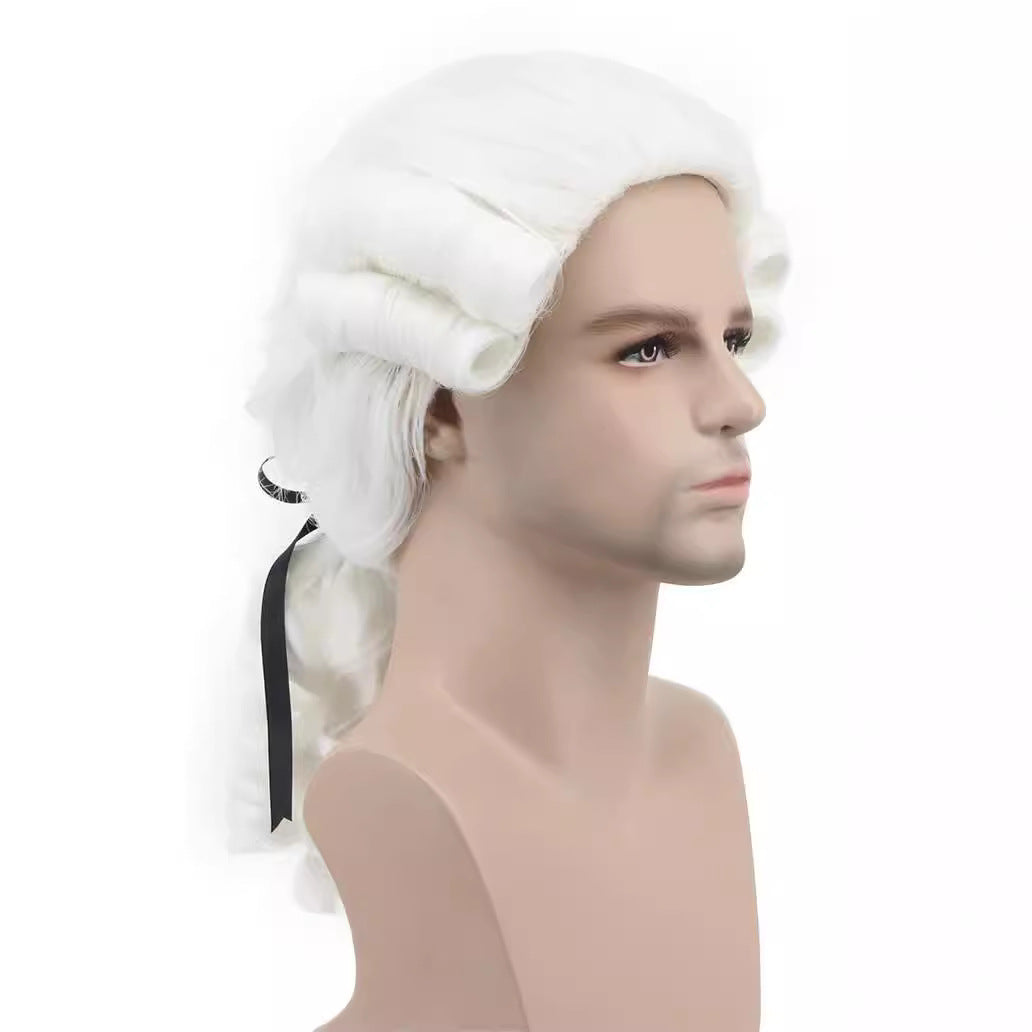 Men's Long Wave White Washington Halloween Judge Lawyer Role Cos Wig