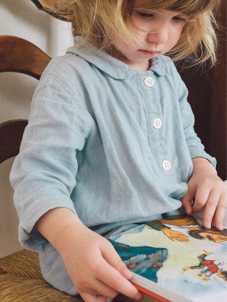 Linen Blue Long Sleeved Mori Style Peter Pan Collar Blouse Children's Shirt