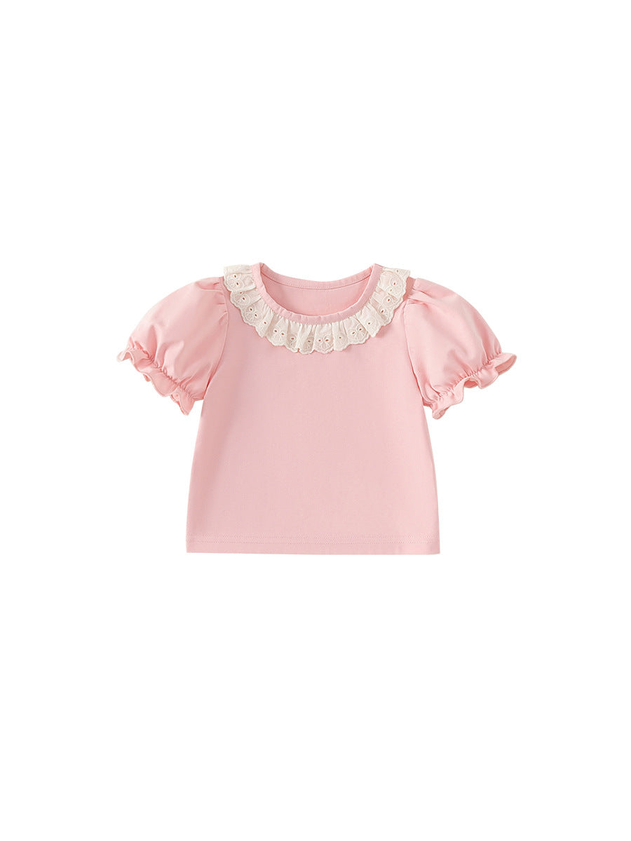 Children's Solid Color Lace Collar Summer Sweet Children's T-shirt