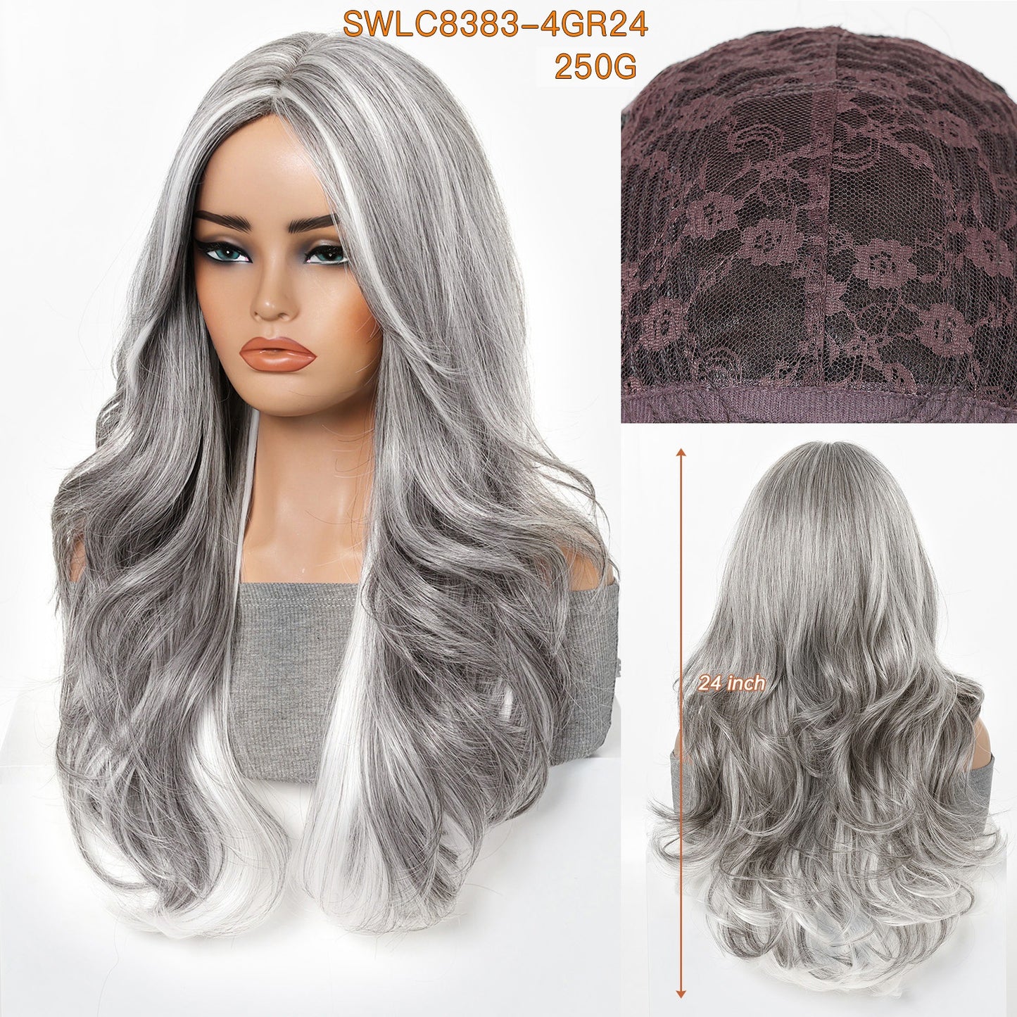 Cover Grandma Gray White Wavy Curly Hair Dress Wig Long Curls