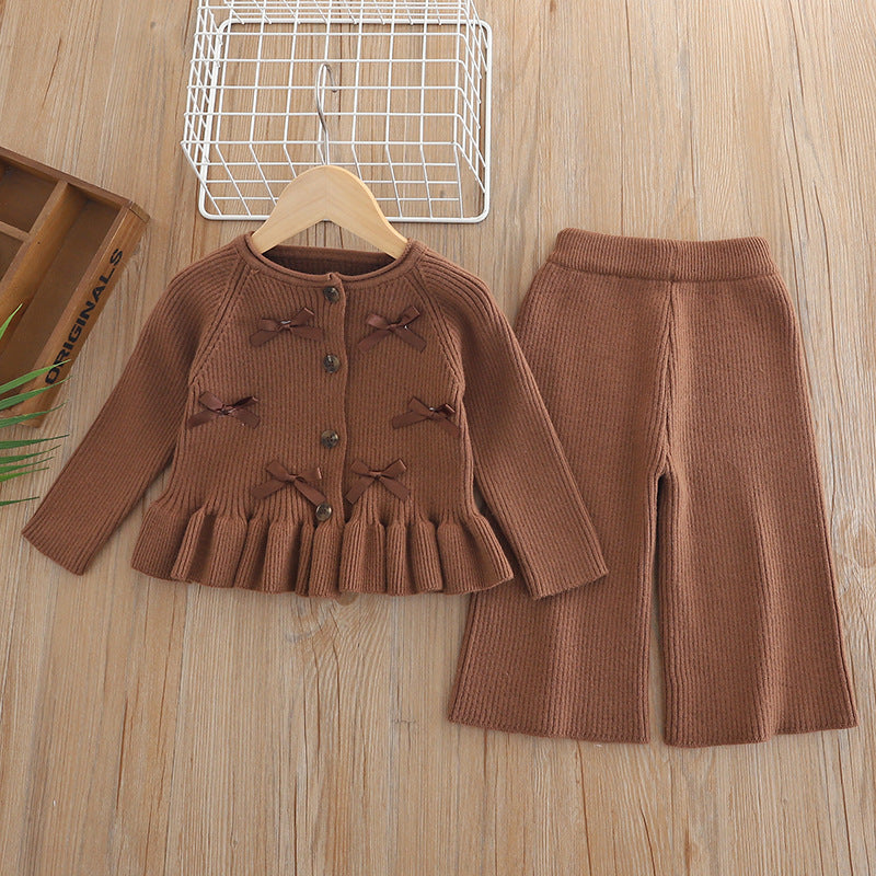 Children's Classic Style Knitted Cardigan Pants Two-piece Children's Suit