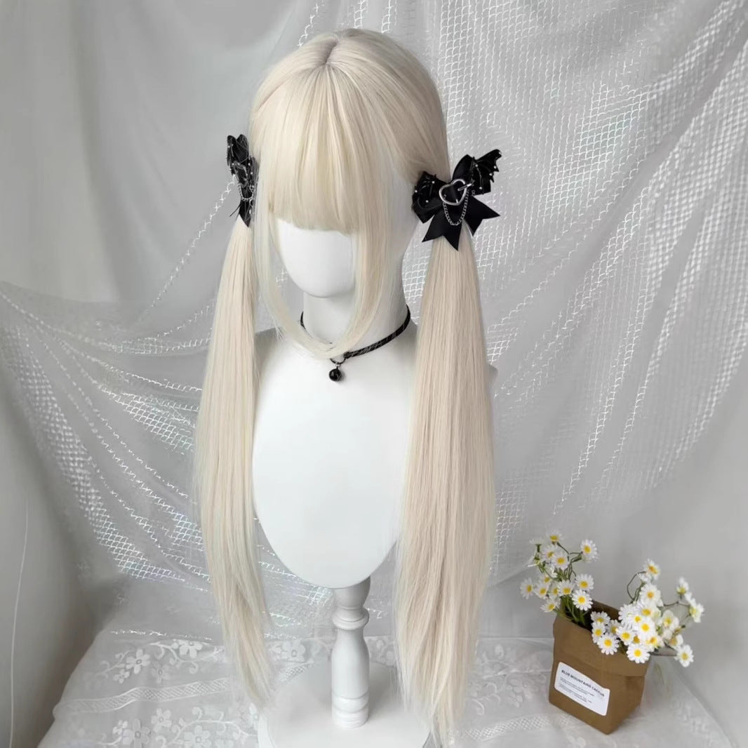 Female Milky White Golden Hair Double Ponytail Little Long Straight Wig