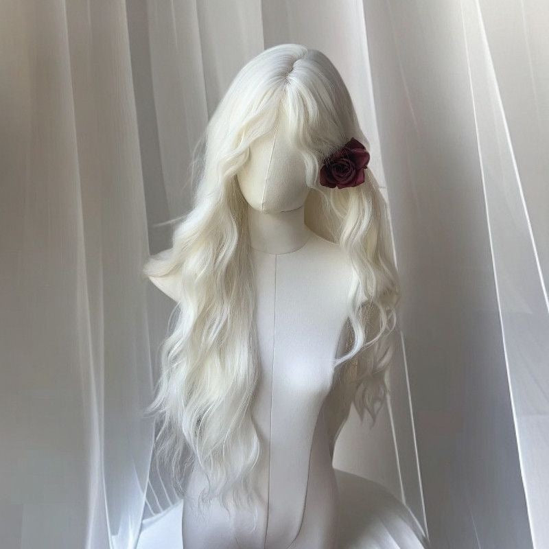Women's Mid-length Bangs White Curly Hair Big Wave Feeling Wig Long Curls
