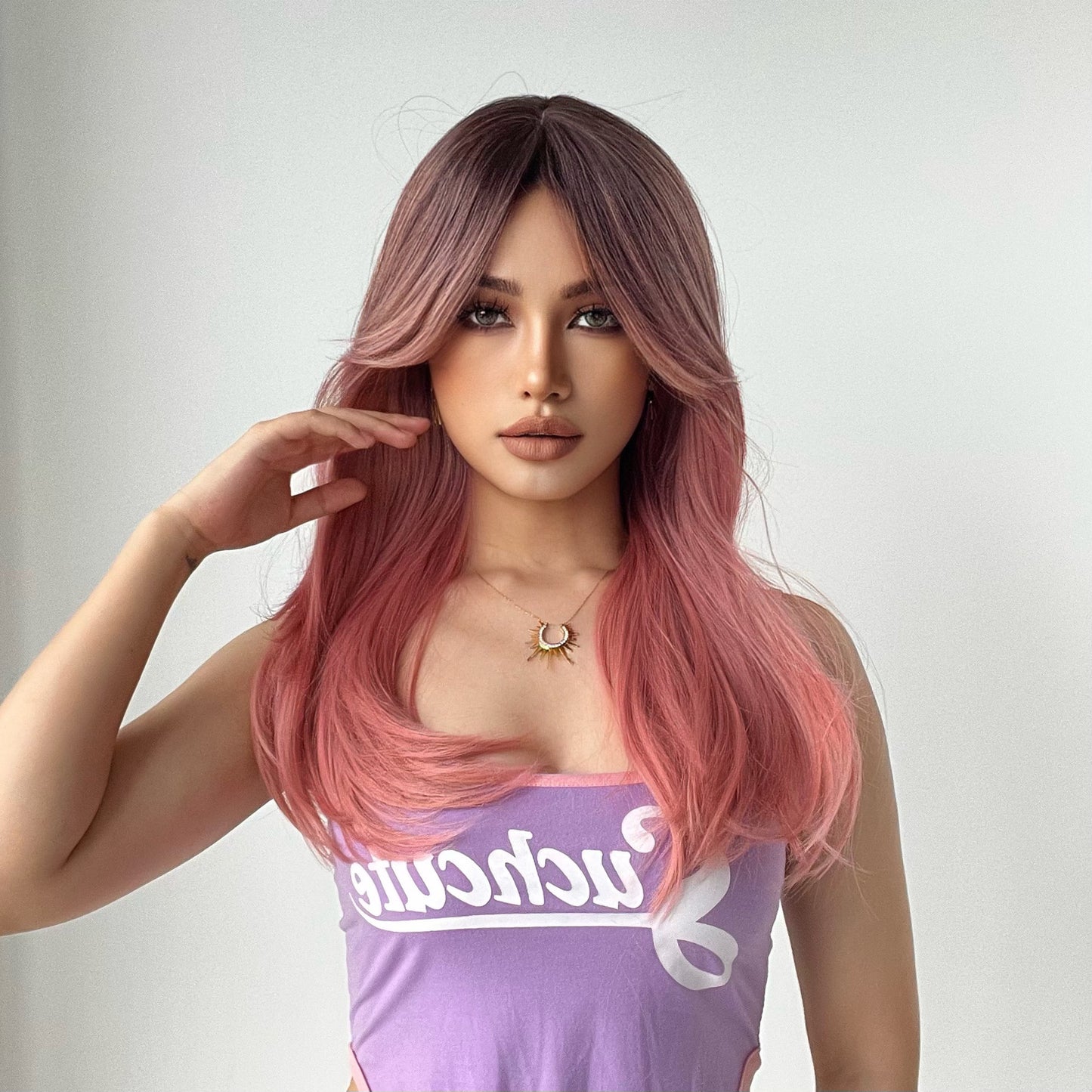Style Bangs Gradient Pink Mid-length Hair Head Long Straight Wig