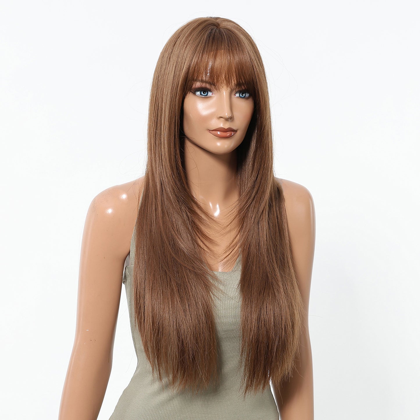 Female Warm Brown High Level Air Bangs Hair Long Straight Wig