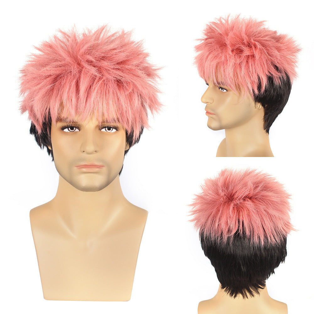 Back Battle Tiger Stick Pink Gradient Black Fluffy Cos Wig